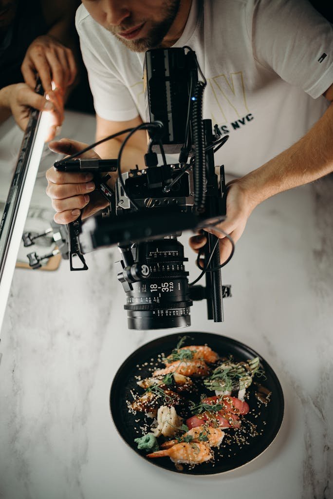 Photographer capturing a gourmet dish from above using professional camera equipment on a styled tabletop setup